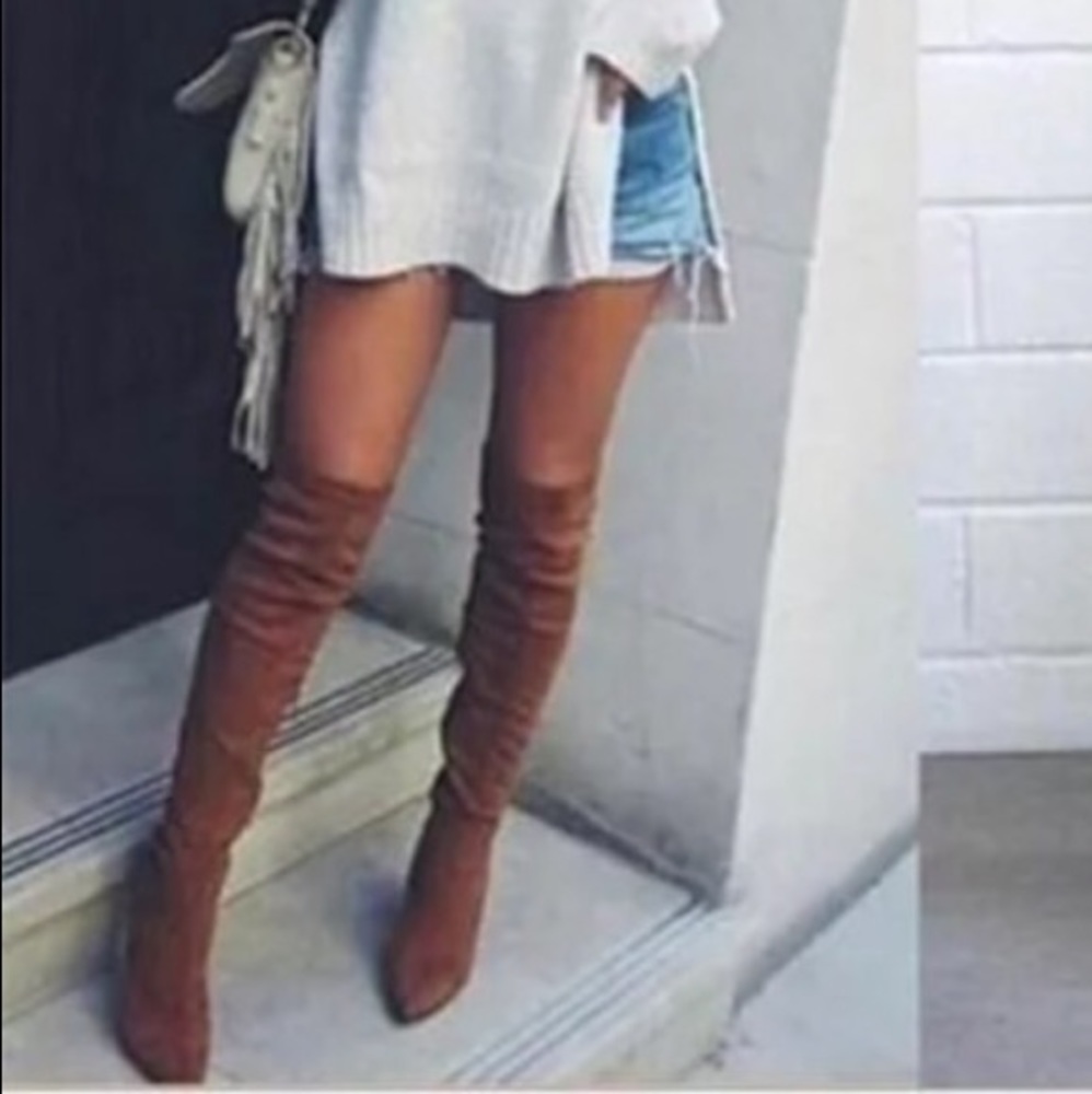 Brown Vegan Suede Brown Over The Knee Boots - Picture 2 of 5